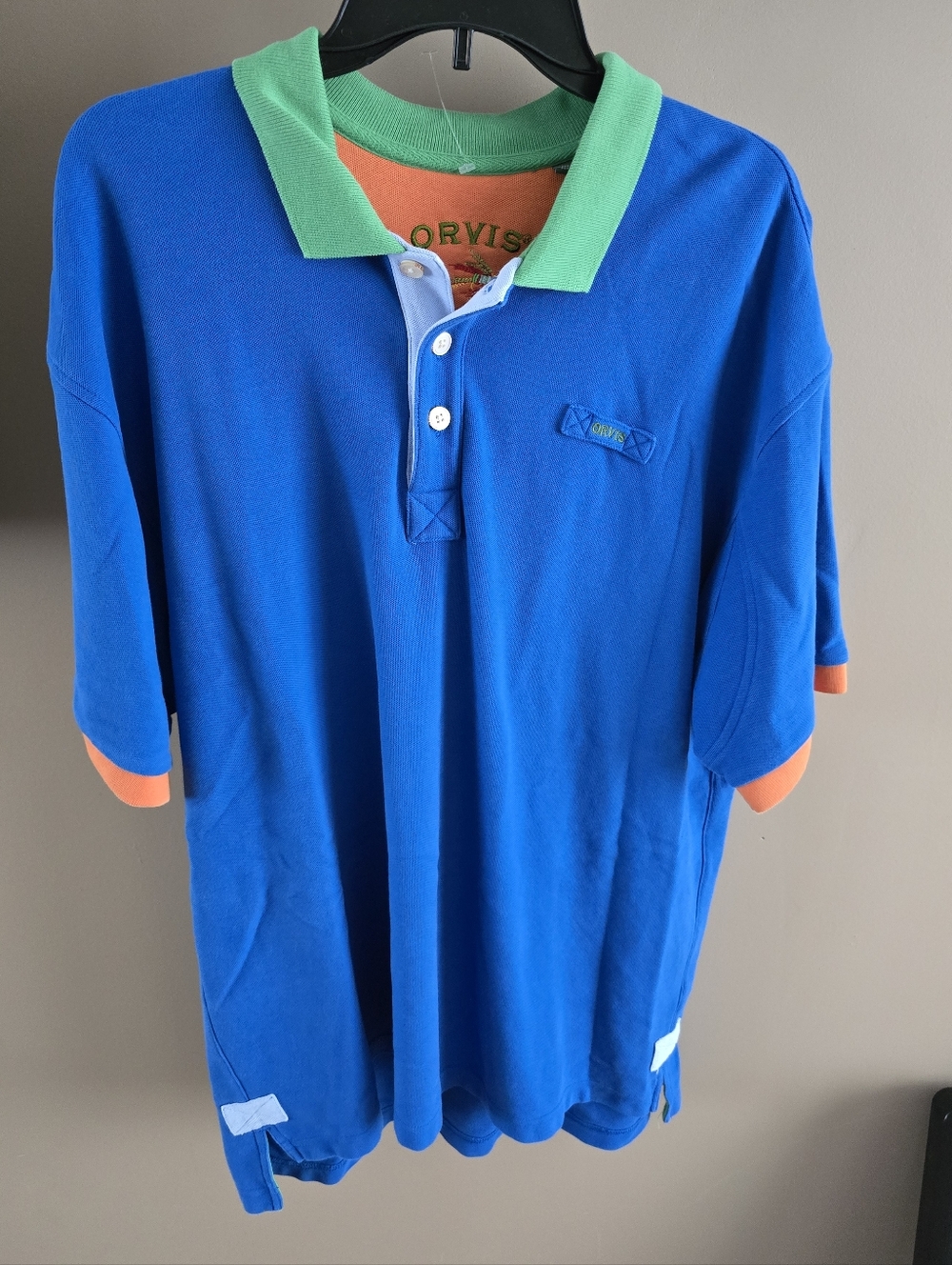 Orvis Fly Fishing Blue Color Block Polo. Embroidered Logo On Rod Loop. XL.